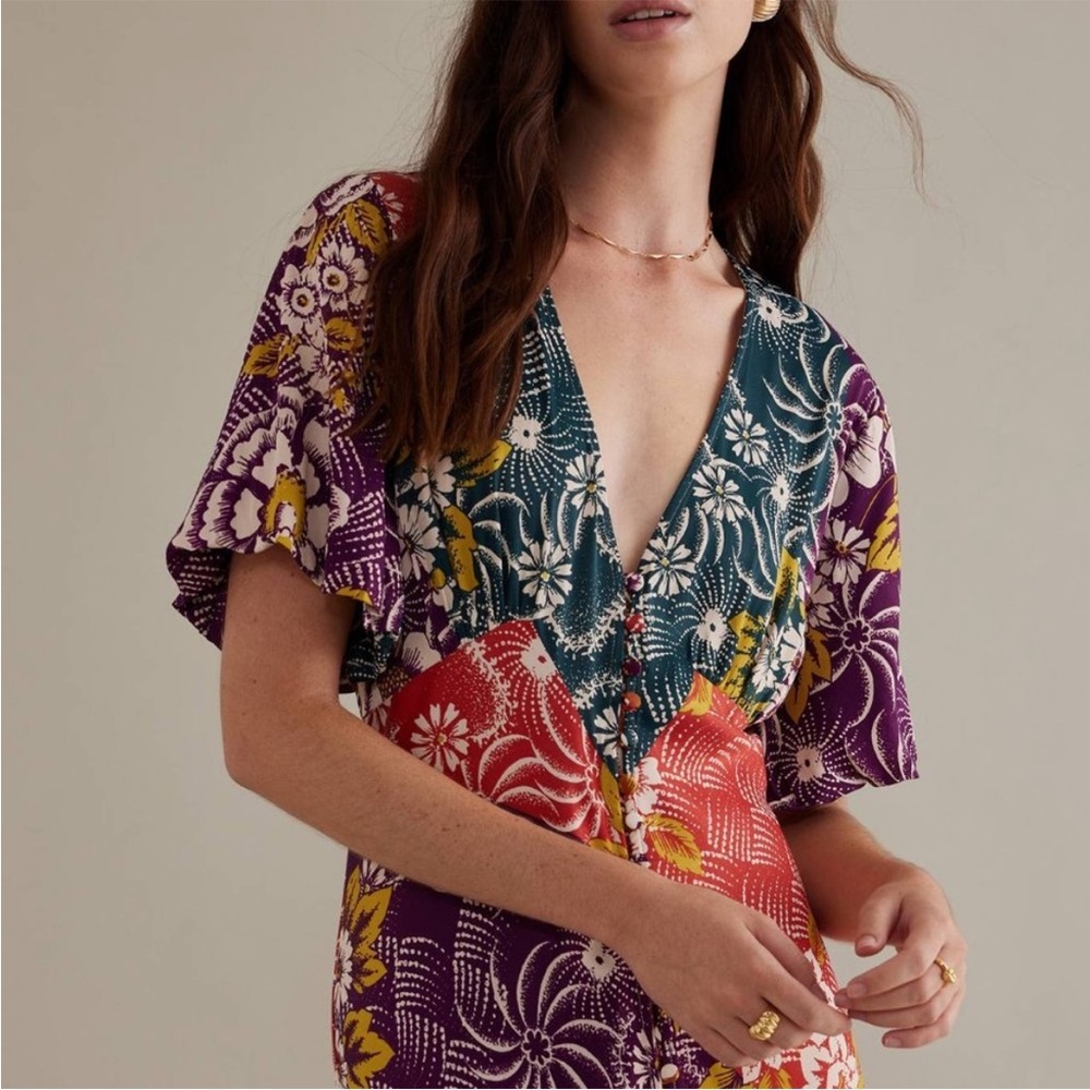 By Anthropologie V-Neck Flutter-Sleeve Buttoned Handkerchief Maxi Dress - Picture 4 of 17